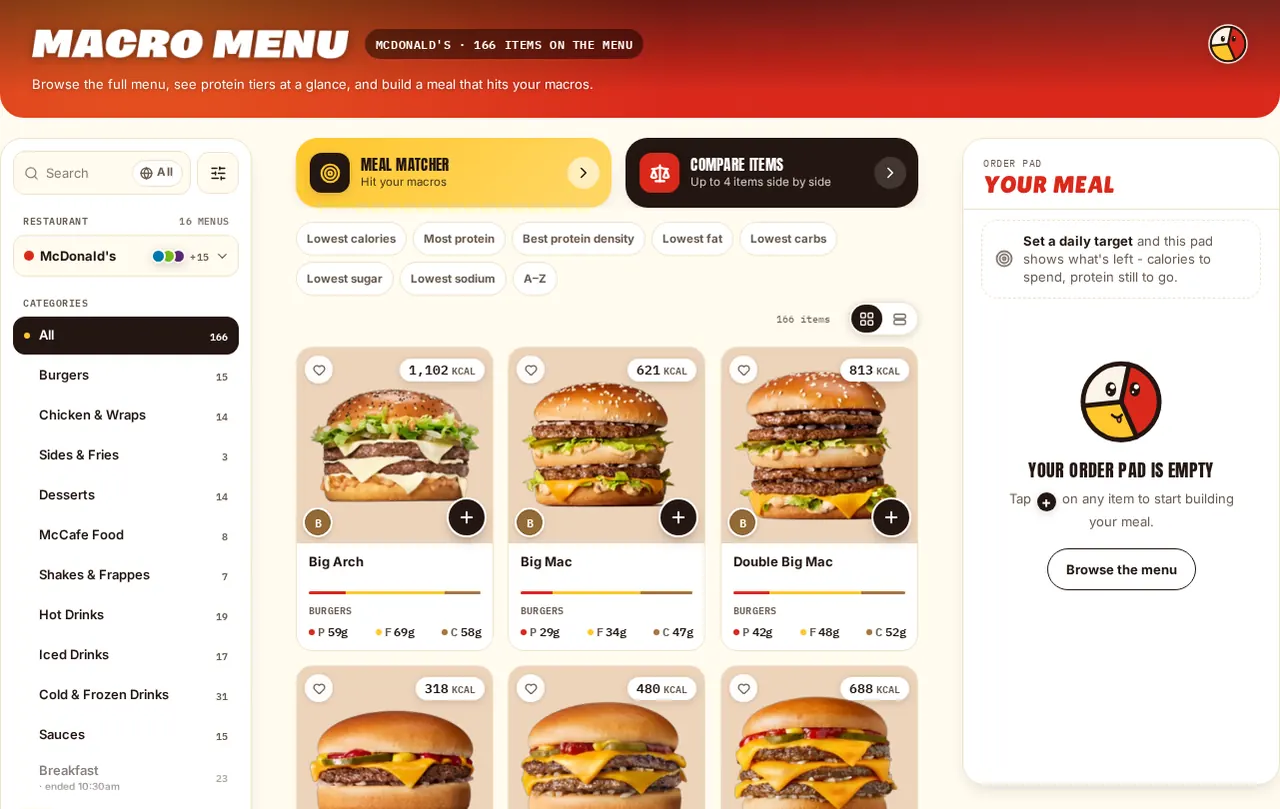 Screenshot of the Macro Menu app on a desktop screen