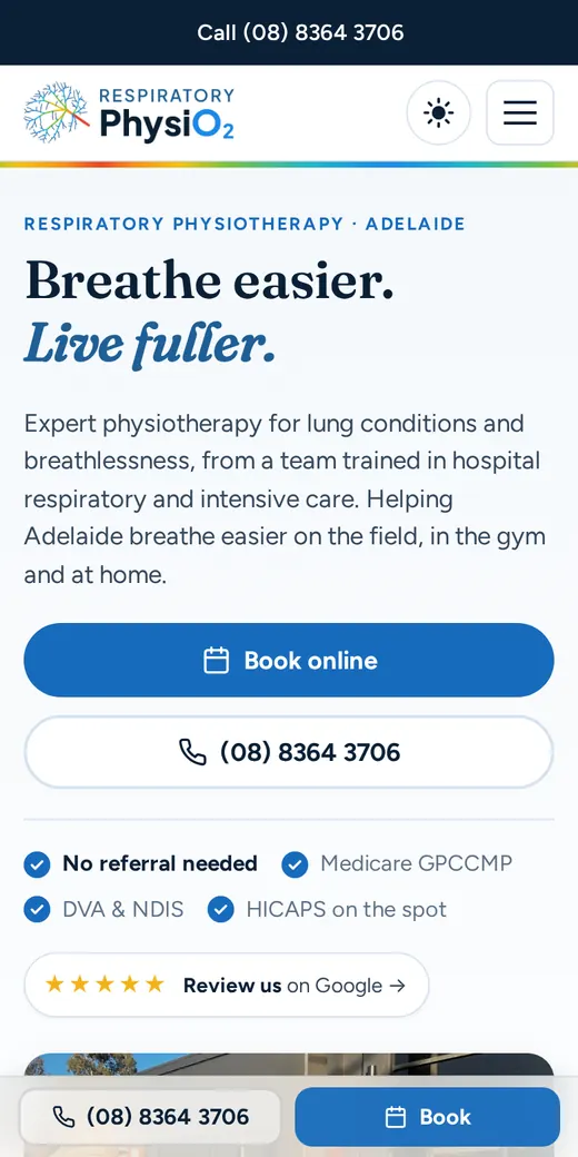 The new Respiratory PhysiO2 home page on a phone